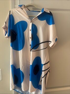 SHEIN Cream Shirt Dress with Bold Blue Floral Print